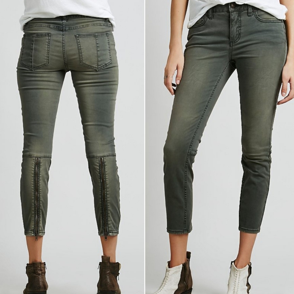 Free People Green suede Sateen Zipper Jean Size 30
